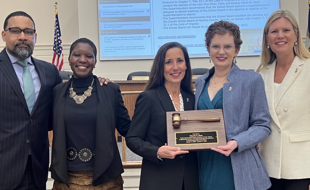 Eileen Cox (@eileencoxpr) on Twitter photo First act of leadership for new <a href="/HenricoSchools/">Henrico Schools</a> school board chair <a href="/kristibkinsella/">Kristi Kinsella</a> and vice-chair <a href="/Aliciaforvarina/">Alicia Atkins</a>? Acknowledging the service and dedication of outgoing chair <a href="/MarcieShea/">Marcie Shea</a>! First act of leadership for new <a href="/HenricoSchools/">Henrico Schools</a> school board chair <a href="/kristibkinsella/">Kristi Kinsella</a> and vice-chair <a href="/Aliciaforvarina/">Alicia Atkins</a>? Acknowledging the service and dedication of outgoing chair <a href="/MarcieShea/">Marcie Shea</a>!