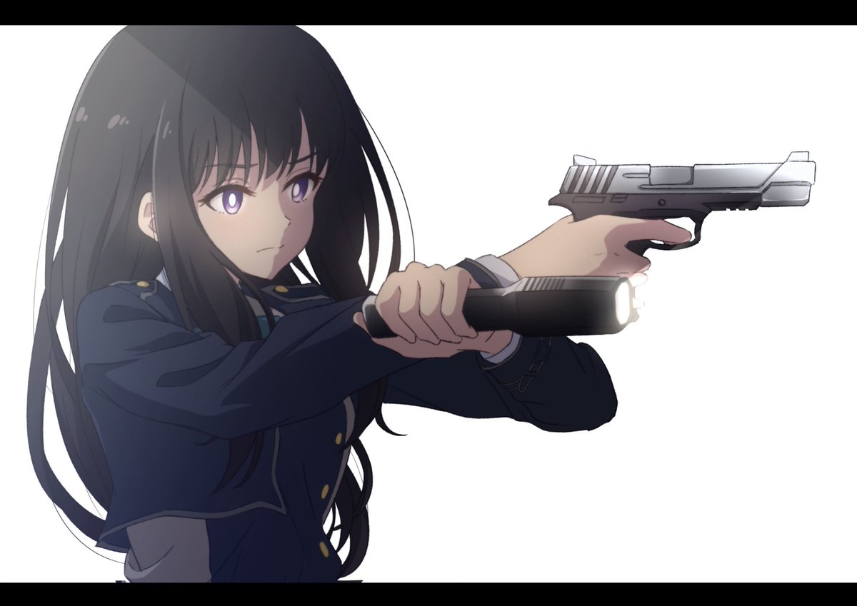 inoue takina 1girl weapon gun long hair black hair solo handgun  illustration images