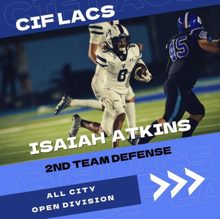 FootballVenice's tweet image. 2022 CIF All City - Open Division 
2nd Team Defense 

@1saiahatkins 🇨🇦

2 Way Playmaker who really emerged this year after a full season in America