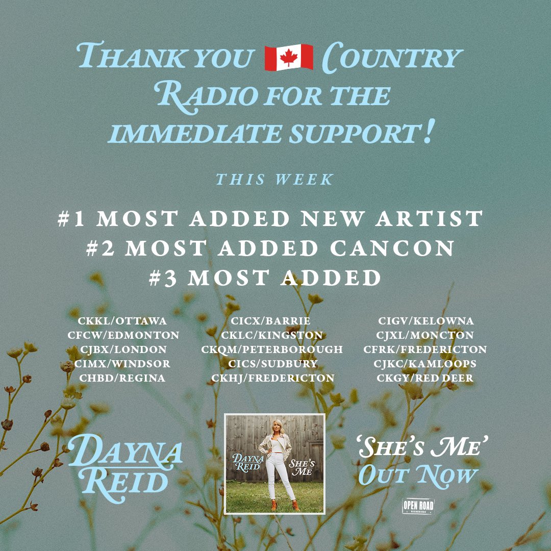 DaynaReidMusic's tweet image. Thank you Canadian Country Radio 🎶📻 This is truly surreal 🥹 #ShesMe