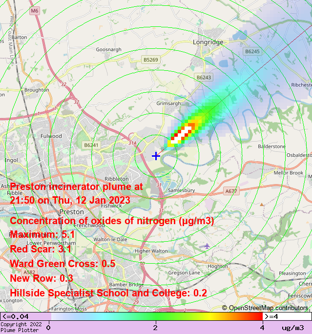 plumeplotter's tweet photo. Latest Preston incinerator plume plot, 21:50 12/01/23 #RedScar #WardGreenCross #NewRow https://t.co/vYUTMnLQDm https://t.co/MjSGa0hrMW