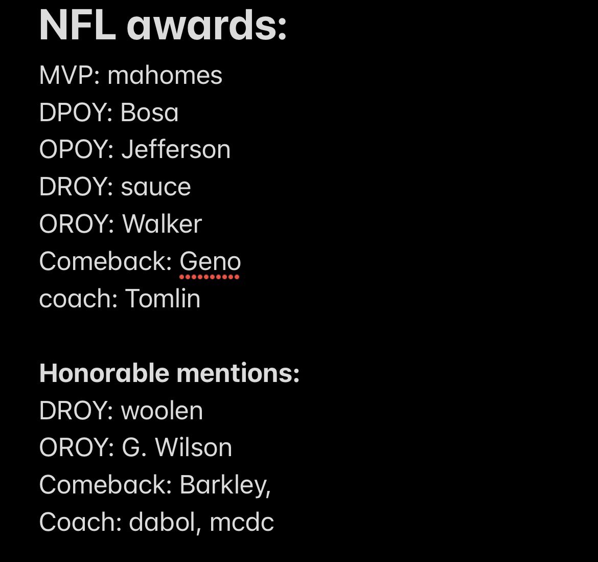 StokesBennett's tweet image. My 2022 NFL season awards. HM only for ones I think its debatable/deserved credit.