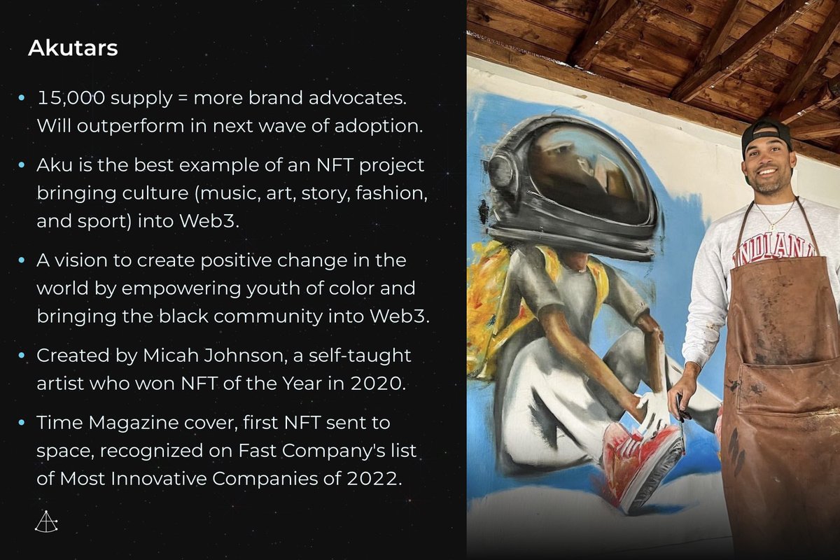Our sixth NFT project to watch in 2023 is the iconic <a href="/AkuDreams/">Aku 👨🏾‍🚀 Akutars</a> by <a href="/Micah_Johnson3/">Micah Johnson 👨🏾‍🚀🚀</a>. Without a doubt, the Aku team is one of the best-positioned in all of Web3 to become a globally recognized brand of the future. Best of all, they're doing it the right way 🌐