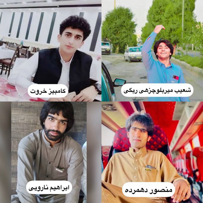 4 Balouch protesters #EbrahimNaroui, #KambizKharot, #ShoaibMirbalochzehiRigi and #MansourDahmardeh have been sentenced to death by #IRGCterrorists. They're being accused with false charges and their lives are in danger.
Say their names #MahsaAmini
@CNN @BBCWorld
