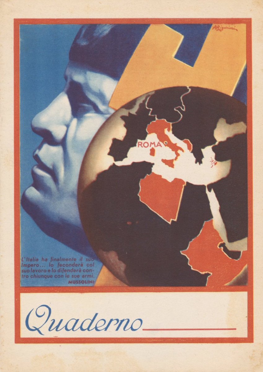 Italian student notebook (1936-7) showing Mussolini with a map of the Italian Empire.