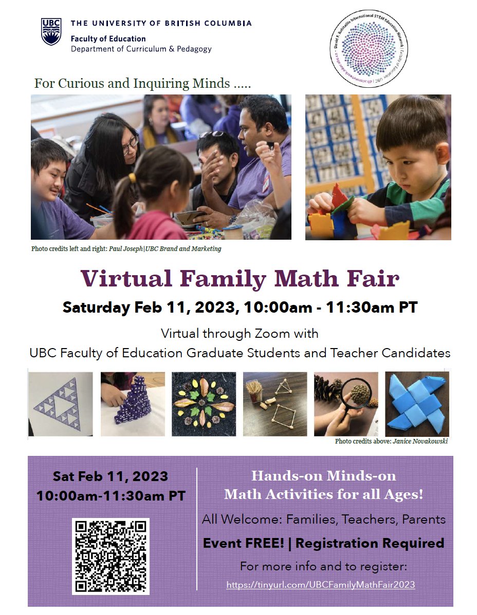 UBC's Virtual Family Math Fair is on Saturday, February 11 2023. Math games, projects and tasks for all ages. For more information and to register: docs.google.com/forms/d/e/1FAI… #bcedchat #sd38learn