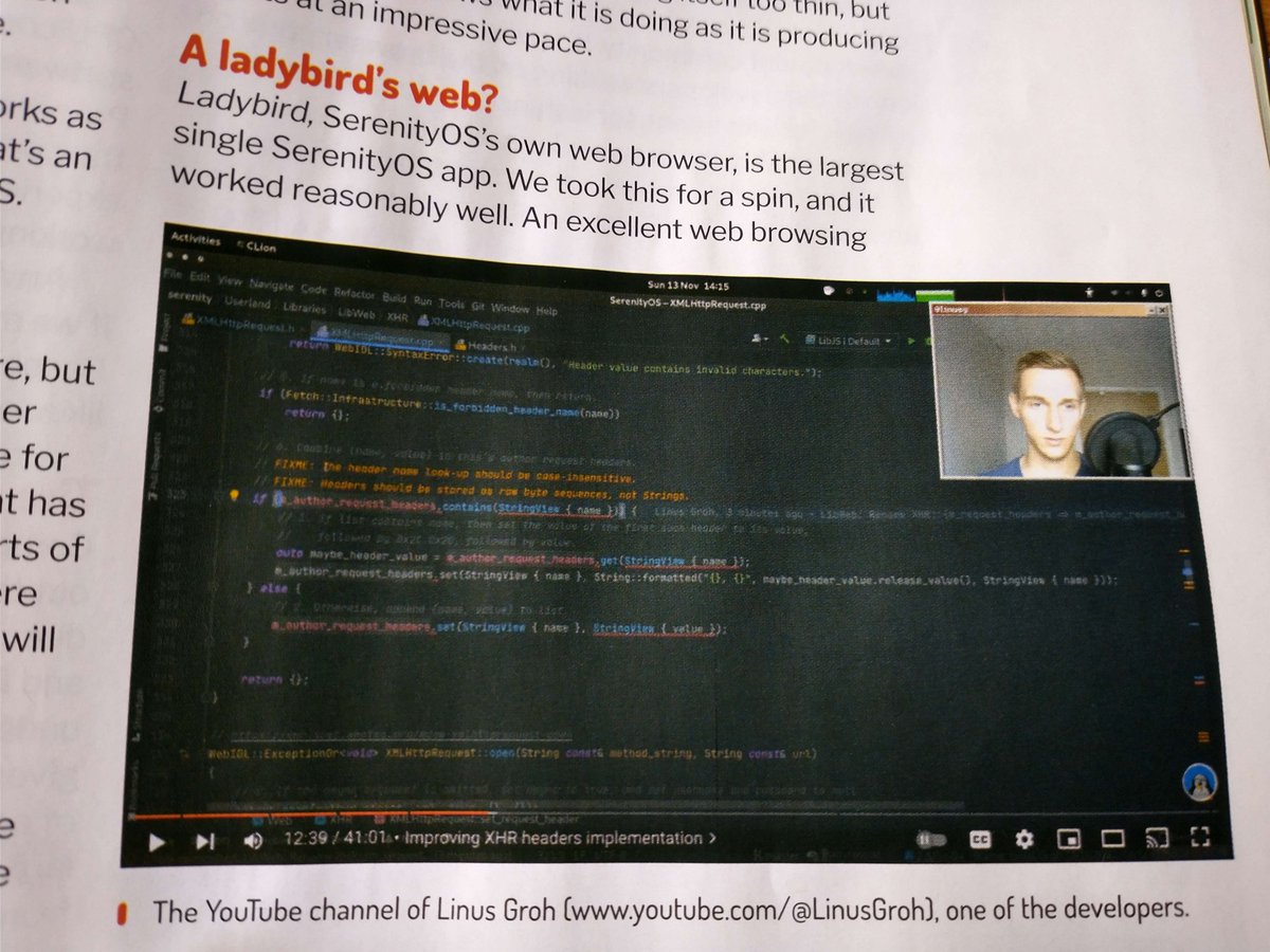 awesomekling's tweet image. There&apos;s a 4-page feature on SerenityOS in the latest edition of @linuxformat! 🐞🐧🇬🇧

One of our hackers in the UK was able to track down a hard copy, and I&apos;m so stoked that the article promotes Linus&apos;s YouTube channel! 🤓

linuxformat.com/linux-format-2…