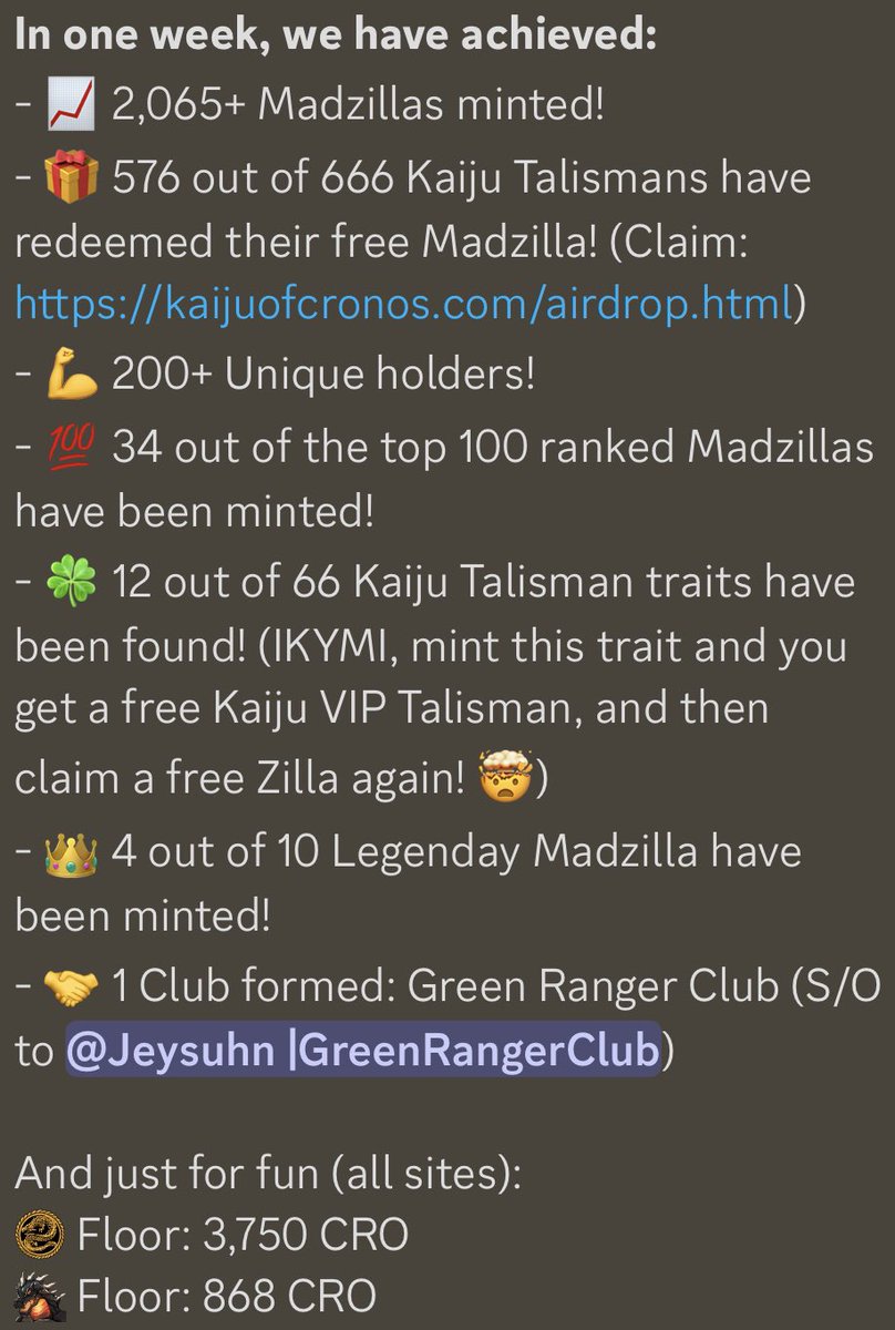 KAIJU_OF_CRONOS's tweet image. 🚨WEEK ONE STATS!🚨

Exactly one week ago we launched our #Madzilla #NFT collection!

We wouldn’t be here without you #CROFam 

Thank you 🫂

#CRO #Cronos #MAD #Kaiju #LFG