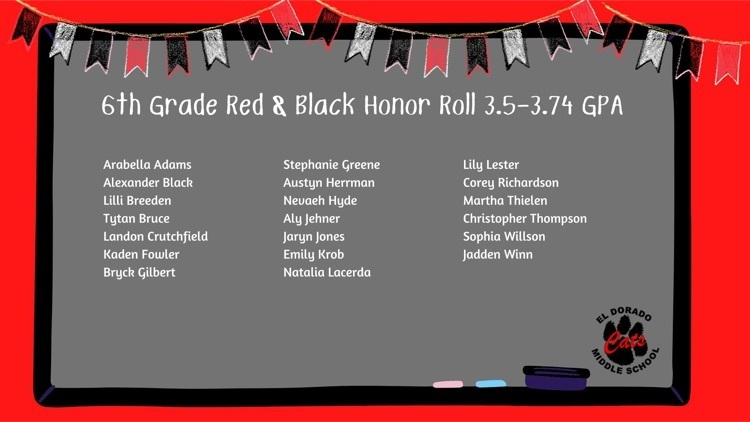 eldoradocats's tweet photo. Red &amp; Black Honor Roll- We want to recognize our EMS students who excelled in the classroom last semester. Keep up the hard work! ❤️🖤 #PartofthePride #EveryDayWithExcellence https://t.co/lQl7bBAPVl