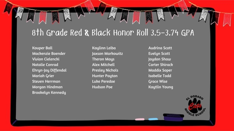 eldoradocats's tweet photo. Red &amp; Black Honor Roll- We want to recognize our EMS students who excelled in the classroom last semester. Keep up the hard work! ❤️🖤 #PartofthePride #EveryDayWithExcellence https://t.co/lQl7bBAPVl