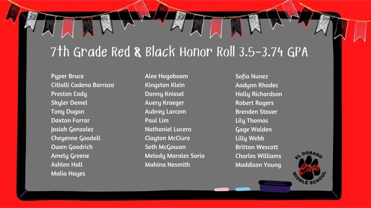 eldoradocats's tweet photo. Red &amp; Black Honor Roll- We want to recognize our EMS students who excelled in the classroom last semester. Keep up the hard work! ❤️🖤 #PartofthePride #EveryDayWithExcellence https://t.co/lQl7bBAPVl