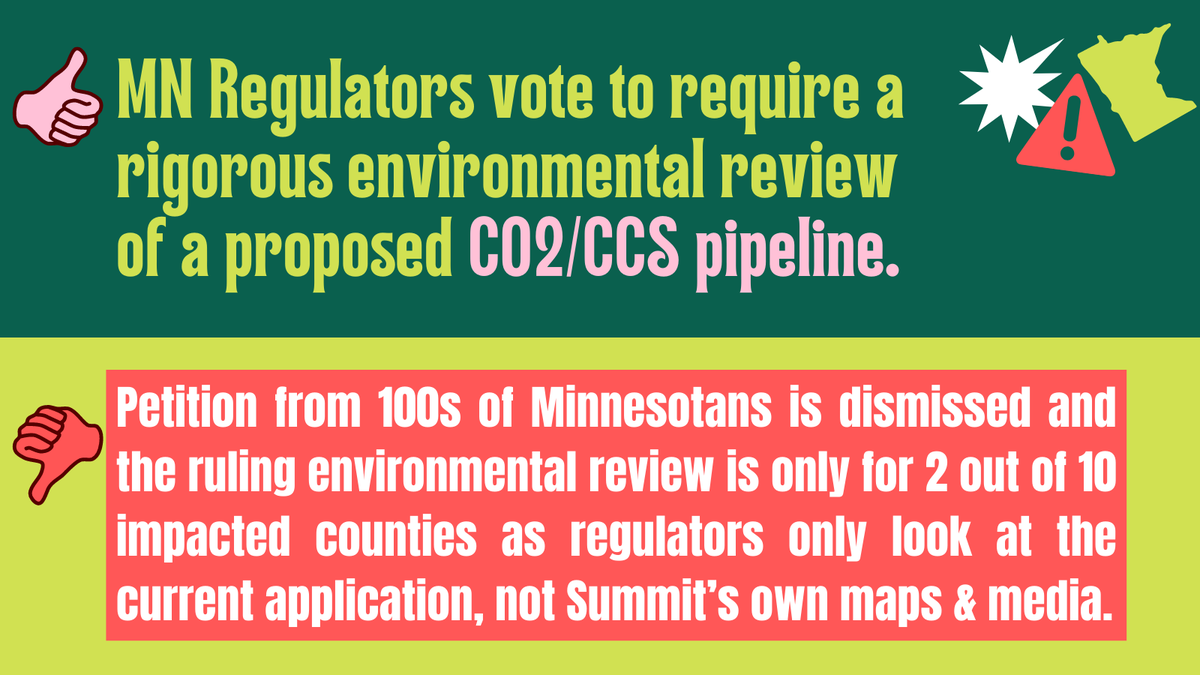 Hey friends, we're sharing an important update from our friends in Minnesota regarding the proposed #CarbonCapture pipeline in their state. The news is mixed. Also, please follow @CURE_mn! 1/3