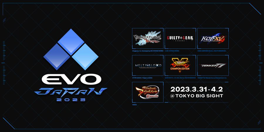 The image shows the Evo Japan 2023 logo, game lineup, date, and location. The lineup consists of Granblue Fantasy: Versus, Guilty Gear -Strive-, THE KING OF FIGHTERS XV, MELTY BLOOD: TYPE LUMINA, Street Fighter V: Champion Edition, TEKKEN 7, and Virtua Fighter esports (also known as Virtua Fighter 5 Ultimate Showdown). The event is from March 31st through April 2nd, 2023, at Tokyo Big Sight in Japan.