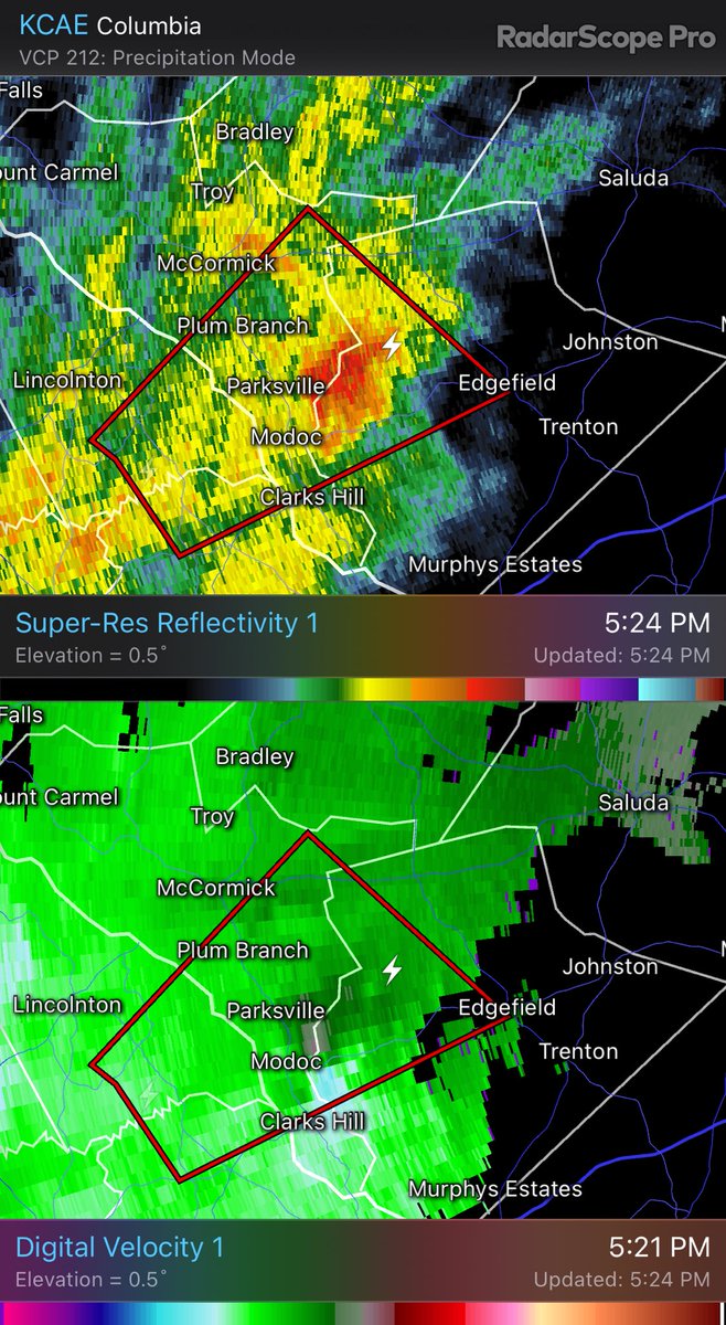 LexSCwx's tweet photo. Tornado Warning for Edgefield County. Rotation east Parksville. of KCAE - Super-Res Reflectivity 1 5:24 PM Digital Velocity 1 5:21 PM #scwx #gawx https://t.co/GmIKNTWnzd