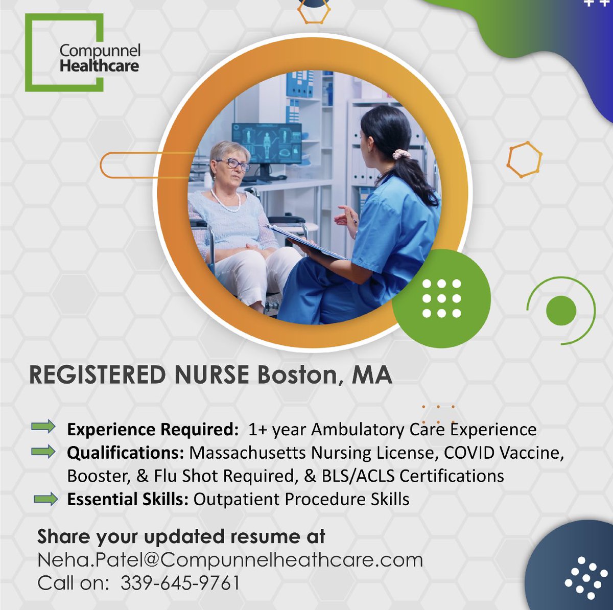 Registered Nurse Positions Available* in Boston, MA ⚕️ 

*Contract Job

Internal Medicine

Monday - Friday 8:30am - 5pm 

If interested, please contact Neha Patel at 339-645-9761 or Neha.Patel@compunnelhealthcare.com #rn #rnjobs #rncareers #registerednurse