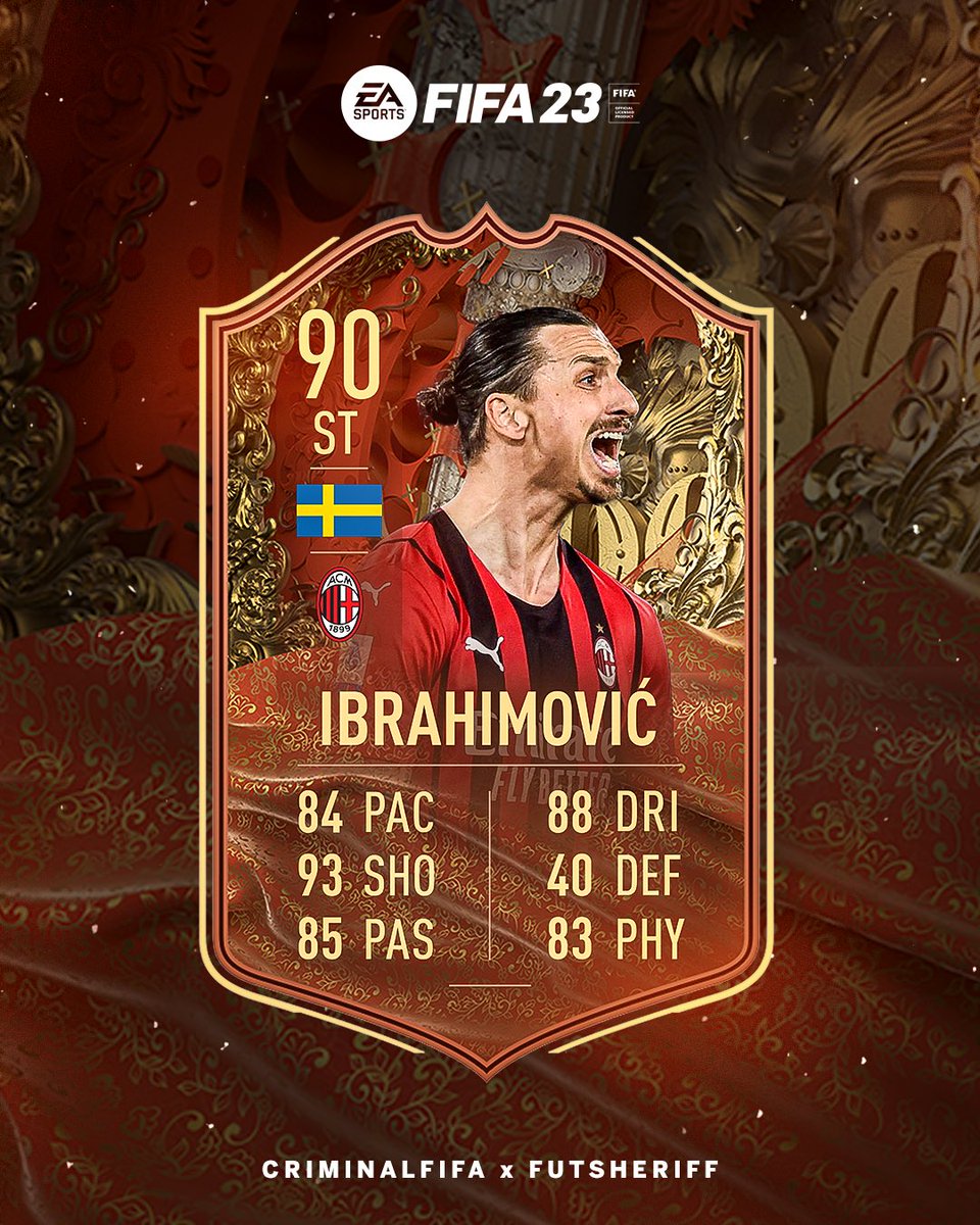 FutSheriff's tweet photo. 🚨Zlatan Ibrahimovic🇸🇪 is added to come as FUT CENTURIONS in TEAM 2🔥

Stats are prediction ✍🏻

Added now with some new traits (Bicycle Kick👀)

Make sure to follow @FutSheriff and @Criminal__x ❤️

#FIFA23 https://t.co/FweHd8VCg4