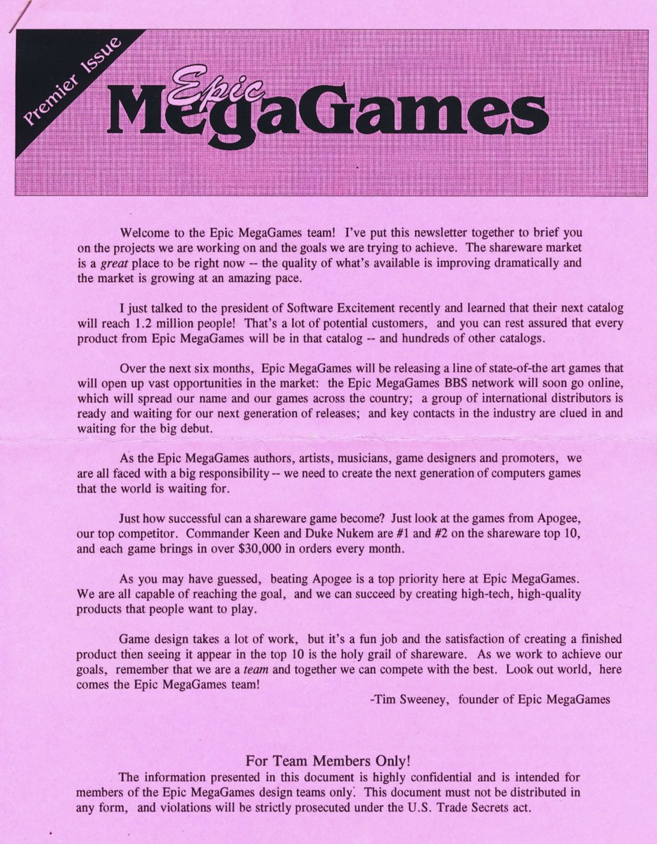 ScottApogee's tweet photo. In 1991 and '92, Tim Sweeney and his Epic MegaGames studio aimed at achieving the success he saw Apogee reaching. Here's the front page of his developer-only newsletter where he says "beating Apogee is a top priority". (And yes, he eventually did!)
#EpicFiles https://t.co/7LhFx1SqGG