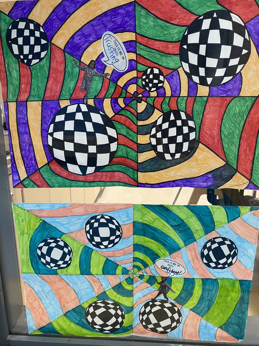 MrsManningSDC's tweet photo. Happy New Year! What a great first week back from winter break with my 5s and 6s! Students were asked to put some final touches on their optical illusion art by focusing on ONE WORD to guide them in the months ahead. Here are a few examples to the prompt “THIS IS ME IN 2023!”🎉 https://t.co/H5j77kccJX