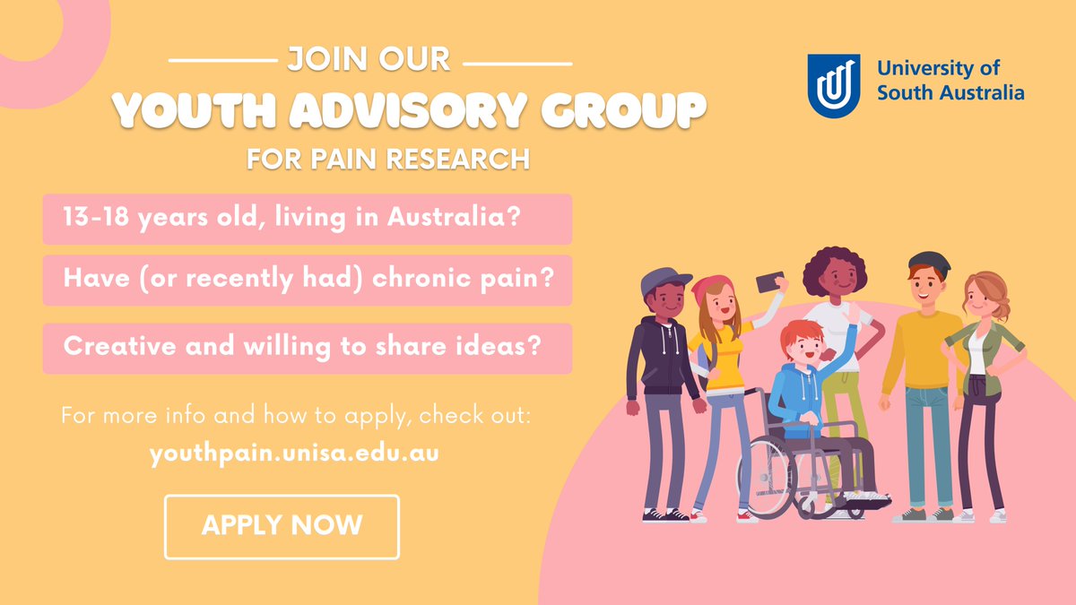 Applications open for our 2023 Youth Advisory Group for pain research! 

You can find more info at our website: youthpain.unisa.edu.au

Or head straight to the application page: redcap.link/youthpain

Please share!