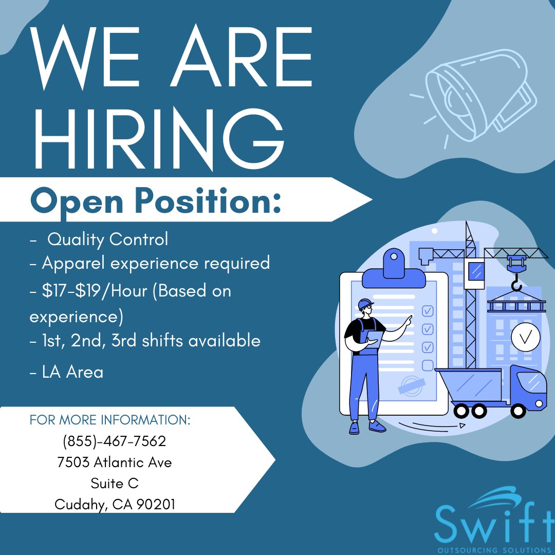 SwiftOS21's tweet photo. Now hiring for Quality Control!! Apparel experience is a MUST. Come in and apply or call (855) 467-7562 for more information. #aplicahoy #SOS #swiftoutsourcingsolutions #sosteam #jobhunt #trabajosdisponibles #gethired #staffingagency #readytowork #cudahy #qualitycontrol https://t.co/DZSYSjSaxl