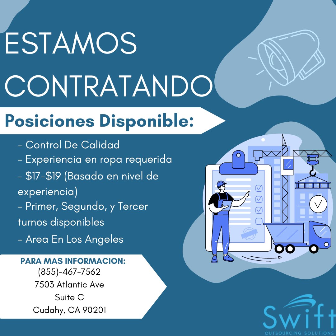 SwiftOS21's tweet photo. Now hiring for Quality Control!! Apparel experience is a MUST. Come in and apply or call (855) 467-7562 for more information. #aplicahoy #SOS #swiftoutsourcingsolutions #sosteam #jobhunt #trabajosdisponibles #gethired #staffingagency #readytowork #cudahy #qualitycontrol https://t.co/DZSYSjSaxl