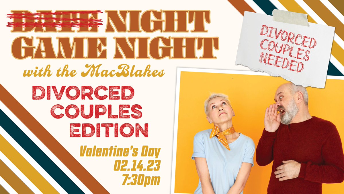 FEBRUARY 14th!! Our third installment of Date Night Game Night! Once again, we are putting out an APB for couples but um... but this time... we're looking for divorced couples 😬
(I mean, what better way to spend Valentine's Day, right?)

Who's up for it?