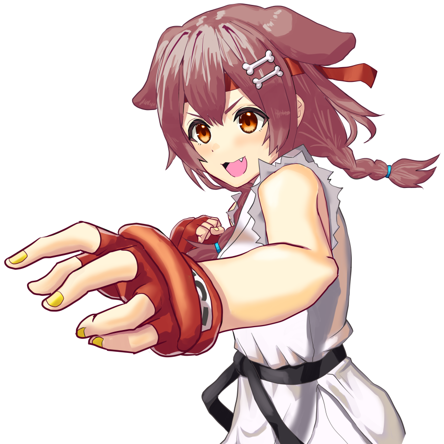 inugami korone ,ryu (street fighter) 1girl dougi cosplay bone hair ornament animal ears gloves solo  illustration images