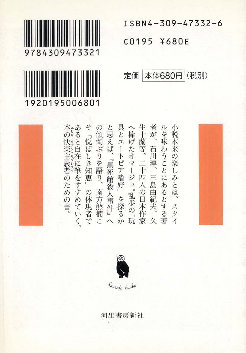 澁澤龍彦『偏愛的作家論』(河出文庫、1997)
サドやコクトーなどフランス文学の翻訳、また中世以降のオカルトに造詣深い著者が、三島由紀夫をはじめとした同時代の日本文学作家について語ったエッセイ集。著者の単行本にしては珍しく何度も増補改訂が施され、その愛着ぶりがうかがえる。