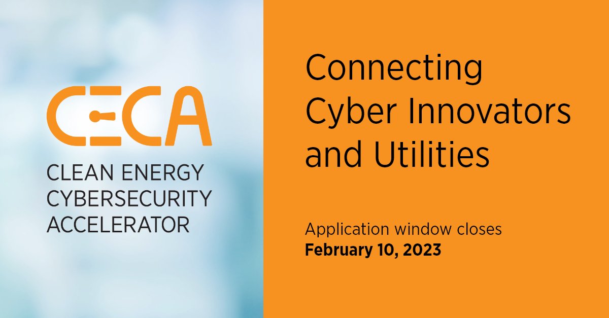 Applications are open for the <a href="/DOE_CESER/">DOE CESER</a> <a href="/InnovateNREL/">NREL Innovation & Entrepreneurship</a> Clean Energy Cybersecurity Accelerator (CECA). We seek #cybersecurity innovators with solutions that identify &amp; address hidden risks for renewable energy systems. bit.ly/3CpOhnn #cleanenergy #cleantech