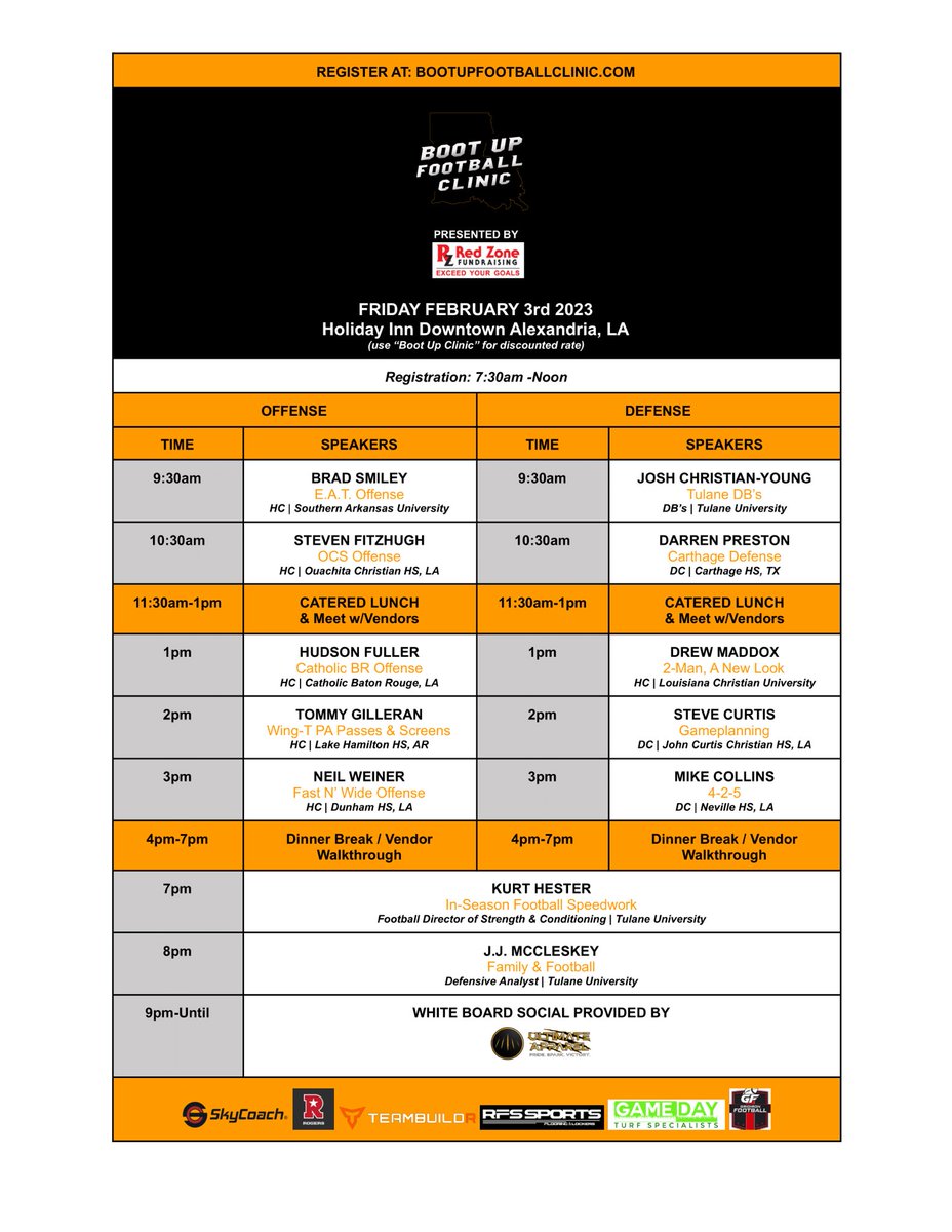 Friday, February 3rd in Alexandria, LA… Let’s all become better coaches and even better men!
Register at: bootupfootballclinic.com/register