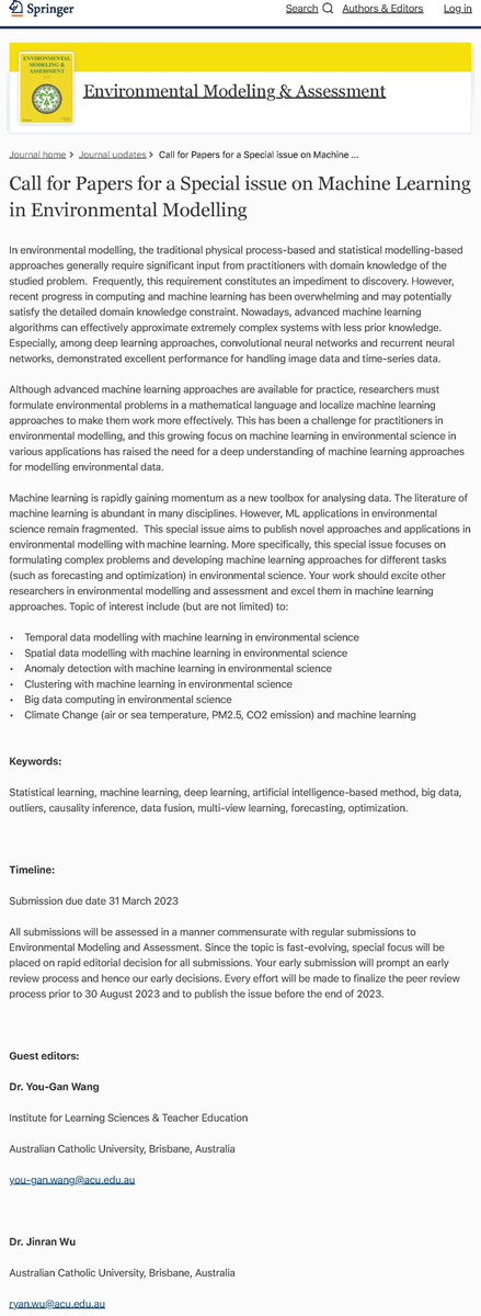 JinranWu's tweet photo. We are looking for some interesting papers on "Machine Learning in Environmental Modeling" for our special issue of the Journal Environmental Modeling &amp; Assessment! https://t.co/IxipwmODZJ