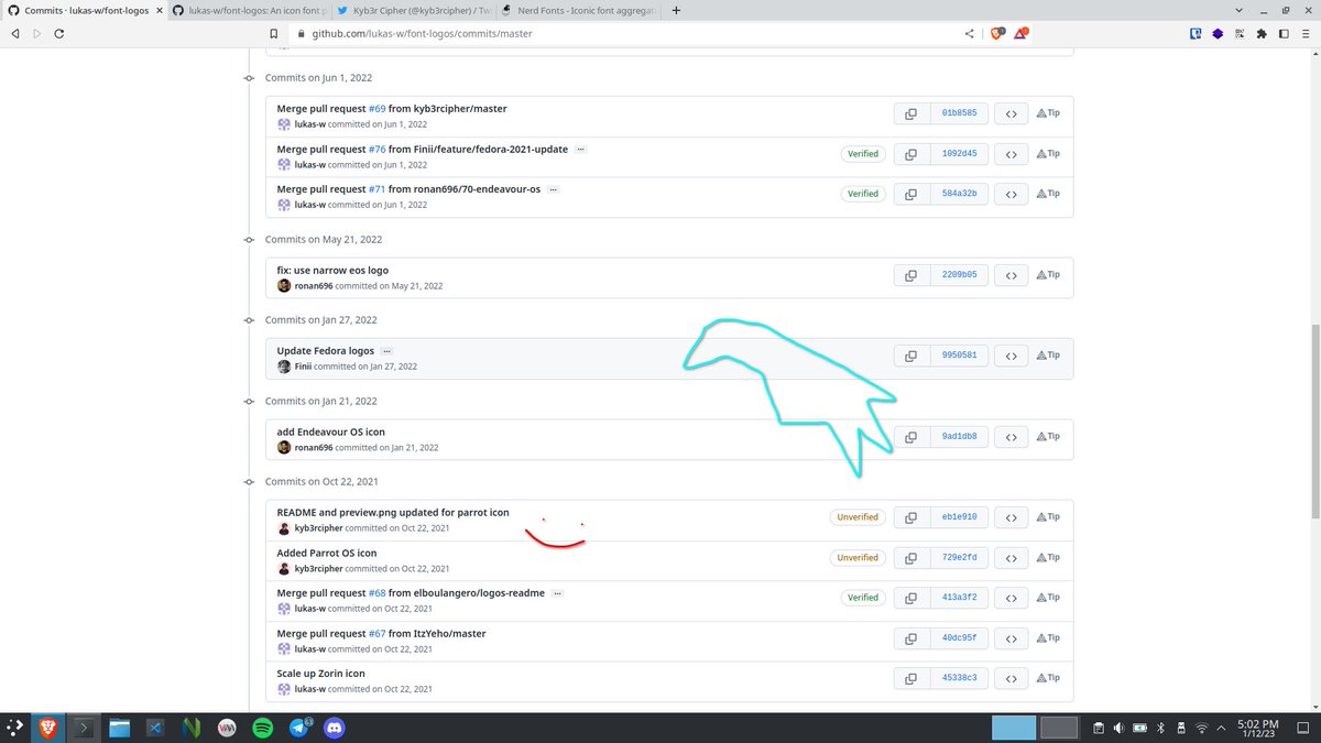kyb3rcipher's tweet photo. OMG, I hadn't noticed that my @ParrotSec  icon from 1 year ago was added to the NerdFonts 🙃 https://t.co/hJaipoOxMm