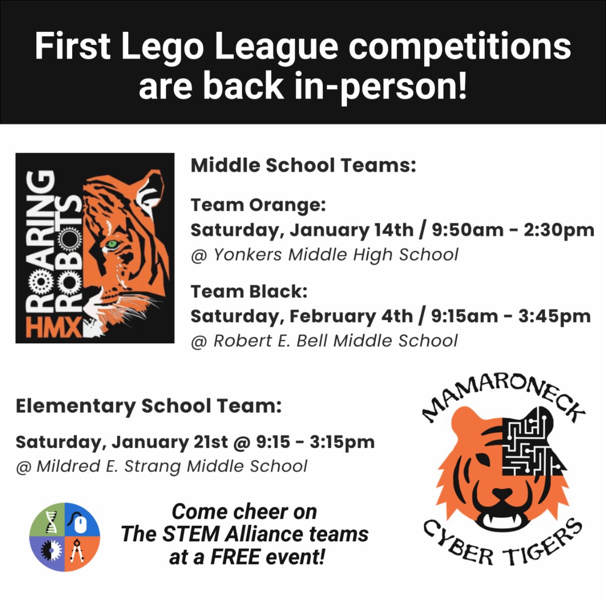 Have a child curious about Robotics? Watching teams in action is the best way to learn more! These are FREE events! No tickets!