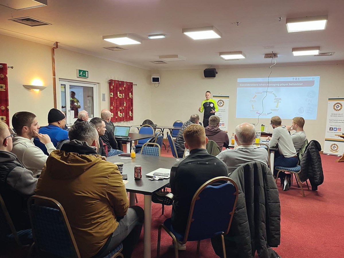 ErewashValleyRS's tweet photo. A huge thanks to Championship Referee James Bell for his time at our society meeting tonight. 

James gave our members some good advice on how to proactively manage a situation before it gets out of hand, and advised that ‘to ignore is to encourage.’ https://t.co/pK2GUNjyMZ