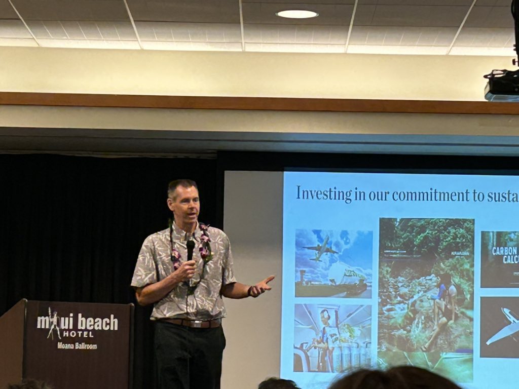 WcepLLC's tweet photo. At Hawaiian Airlines Economic Outlook presentation organized by @MauiChamber … great talk by President &amp; CEO of Hawaiian Airlines Peter Ingram #2023AviationOutlook https://t.co/DqLa93g0up