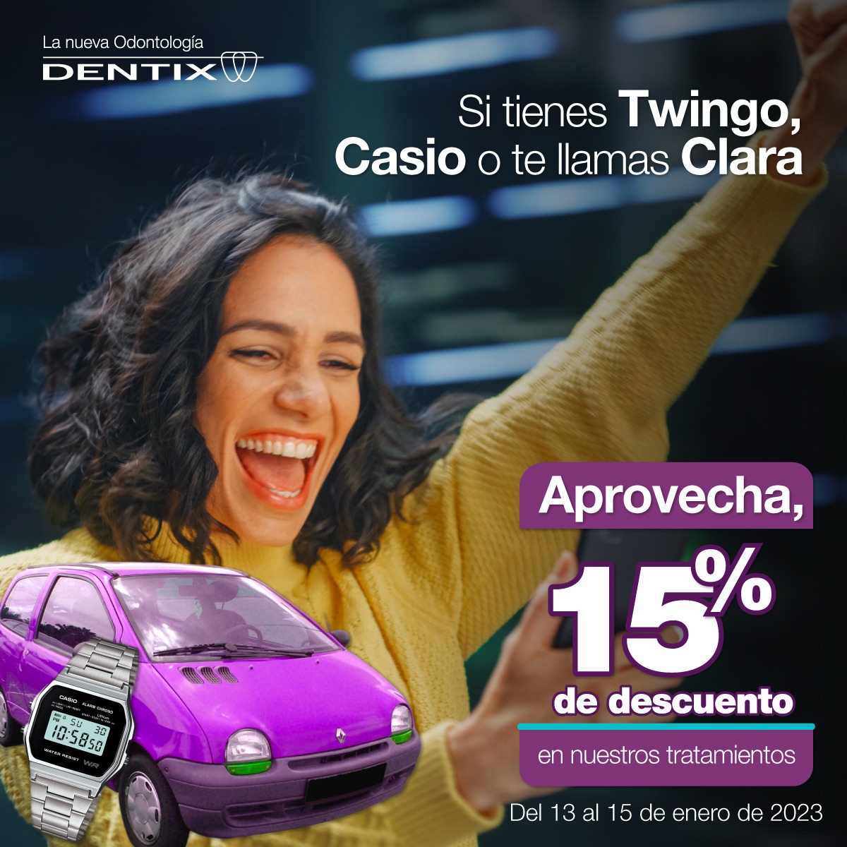 Dentix_Colombia's tweet photo. 😁¡Ahora sí! Pa tipos y tipas como tú ¿Twingo, Casio o Clara? Aprovecha esta promoción para iniciar el año con tu mejor sonrisa.
👉🏻Agenda tu cita de diagnóstico y radiografía gratis en https://t.co/ctYcsuYEOw
#Dentix #Twingo #Ferrari #Rolex #ClaraChía #Pique #Bizarrap #Bzrp https://t.co/d3Hjh3GPbR