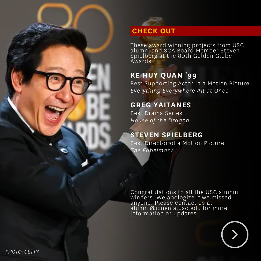 USCCinema's tweet photo. Congratulations to all the USC alumni winners at the 80th #GoldenGlobeAwards ! Your outstanding achievements continue to inspire us all, and we couldn't be prouder. Don't just take our word for it;  go check out all the award-winning projects and see the brilliance for yourself! https://t.co/4DPwQv9toL