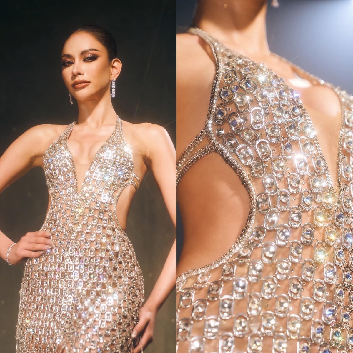 El vestido de noche de Miss Universo Tailandia está hecho con lengüetas de latas como homenaje a su papá recolector de basura y a su mamá barredora de calles.