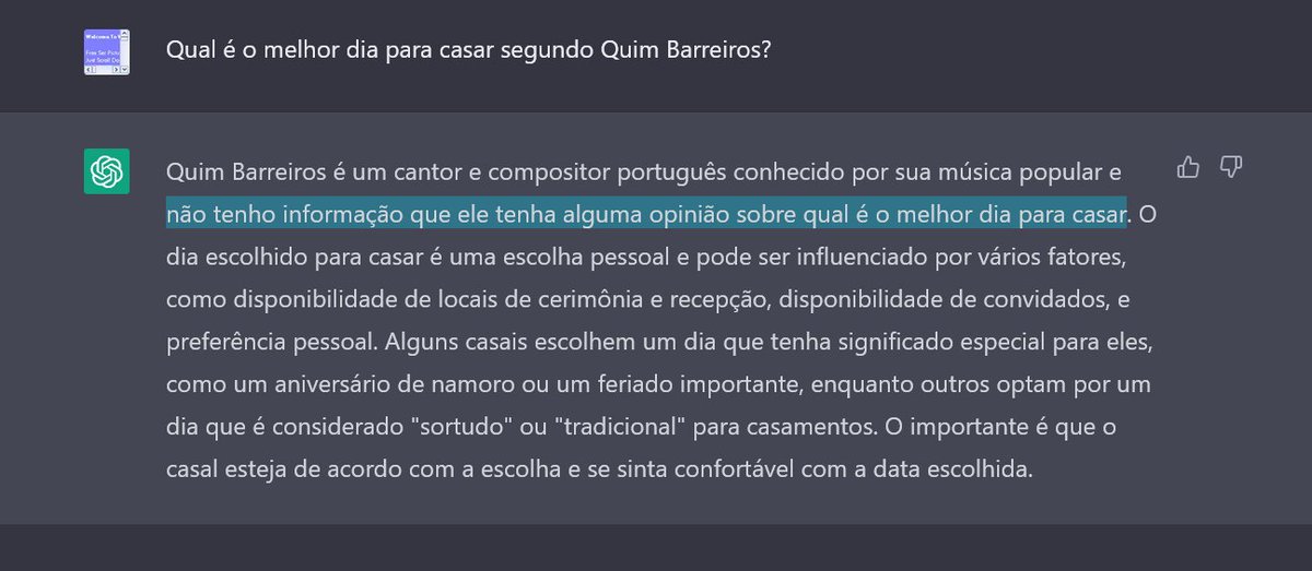felgy's tweet photo. Vejo tanta gente com receio do impacto que o ChatGPT possa ter nas nossas vidas, mas com uma simples pergunta consegui provar que ainda há muito trabalho pela frente até chegarmos a esse ponto... #ChatGPT #Portugal @oquimbarreiros https://t.co/UI0Ay3v3fQ