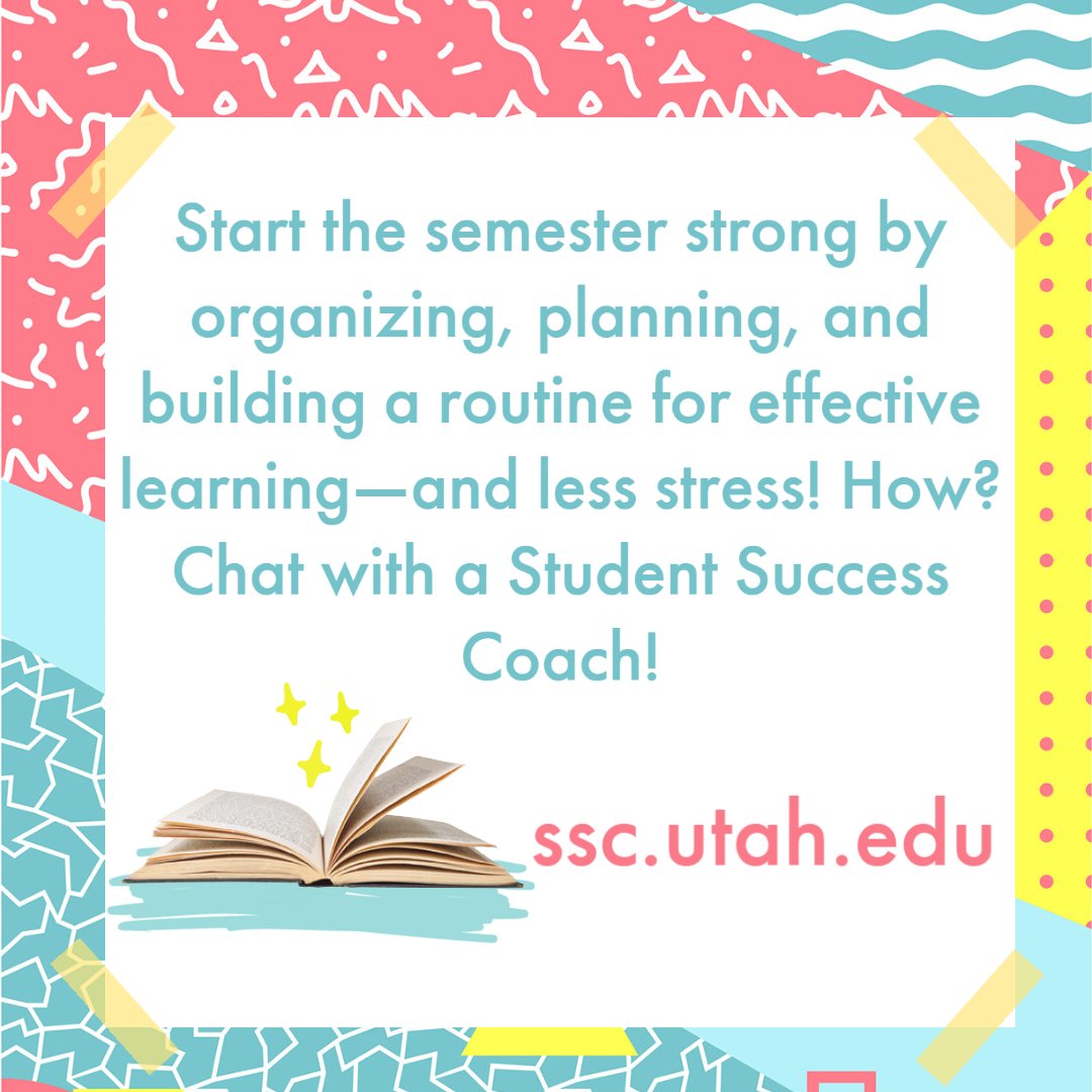 UStudentSuccess's tweet image. Welcome back to another rad semester here at the U! 🎉Our tip for success this week is... ORGANIZE &amp;amp; PLAN!

Not sure where to begin? You can find concrete steps to use immediately by chatting with a Student Success Coach! Schedule an appointment today at ssc.utah.edu.