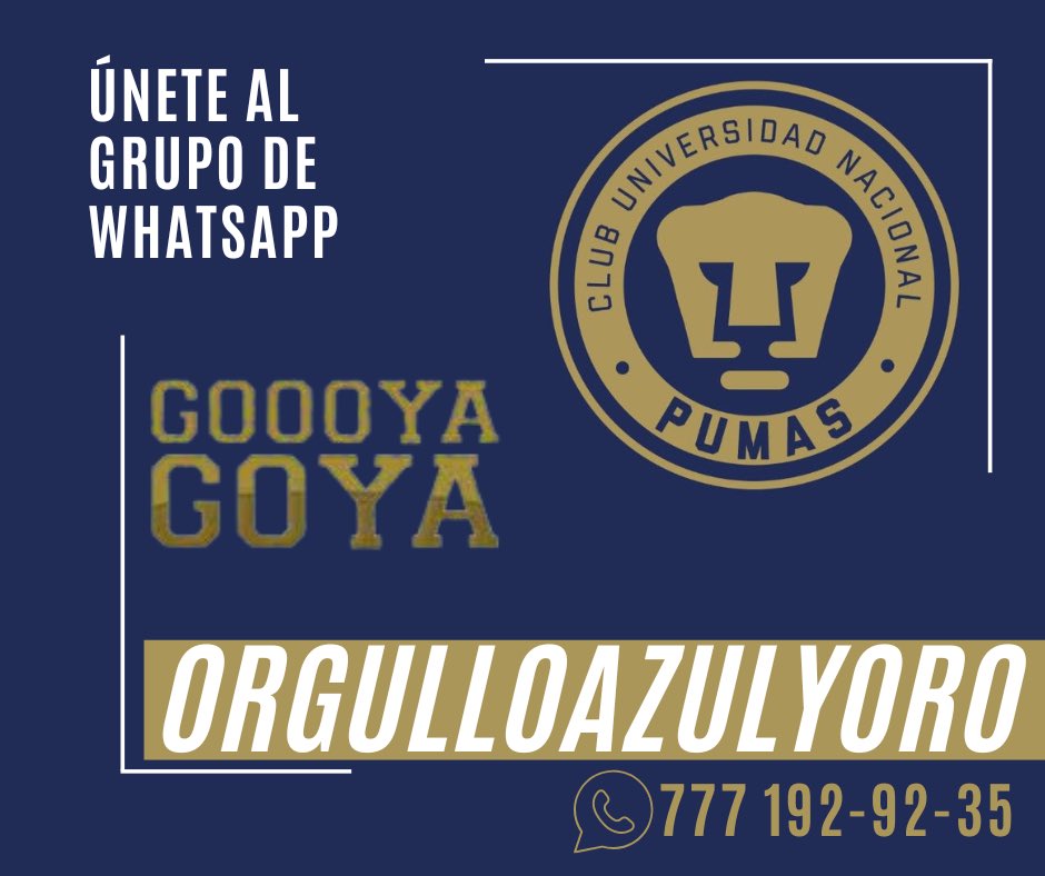 #Pumas | #UNAM

Banda!!! Solo para gente de PUMAS
chat.whatsapp.com/DpFAkDp58gGLLe…

Únete, Apoya y participa!! Goya!!!

#SuperSupercopa #mexico #universidadnacional #futbolmexicano #futbol #rebel #azulyoro #GOYA