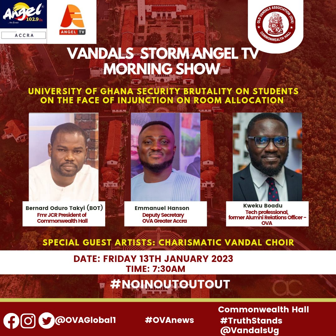 OVAGlobal1's tweet photo. #Vmates ! Live on @AngelTVGhana
@VandalsUg
#NoInOutOutOut #NoInOutOutOutLegon #Truthtands
#Justice4All #Fairness #Intergri https://t.co/jhVkqrOBoh