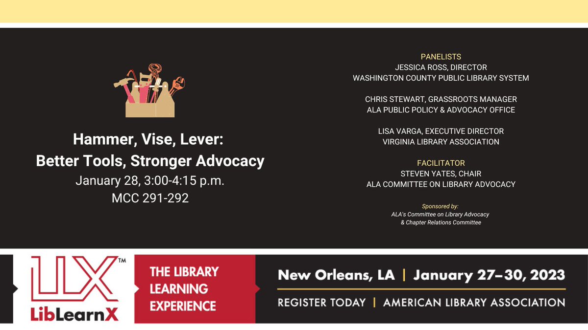 ALALibrary's tweet image. Need to elevate your legislative library advocacy? Discover the right advocacy tools &amp;amp; tactics to use for different situations &amp;amp; audiences during Hammer, Vise, Lever: Better Tools, Stronger Advocacy at #LibLearnX23. cdmcd.co/nQkPpp# @HeyLibraraman @ALA_CRO @LibraryPolicy