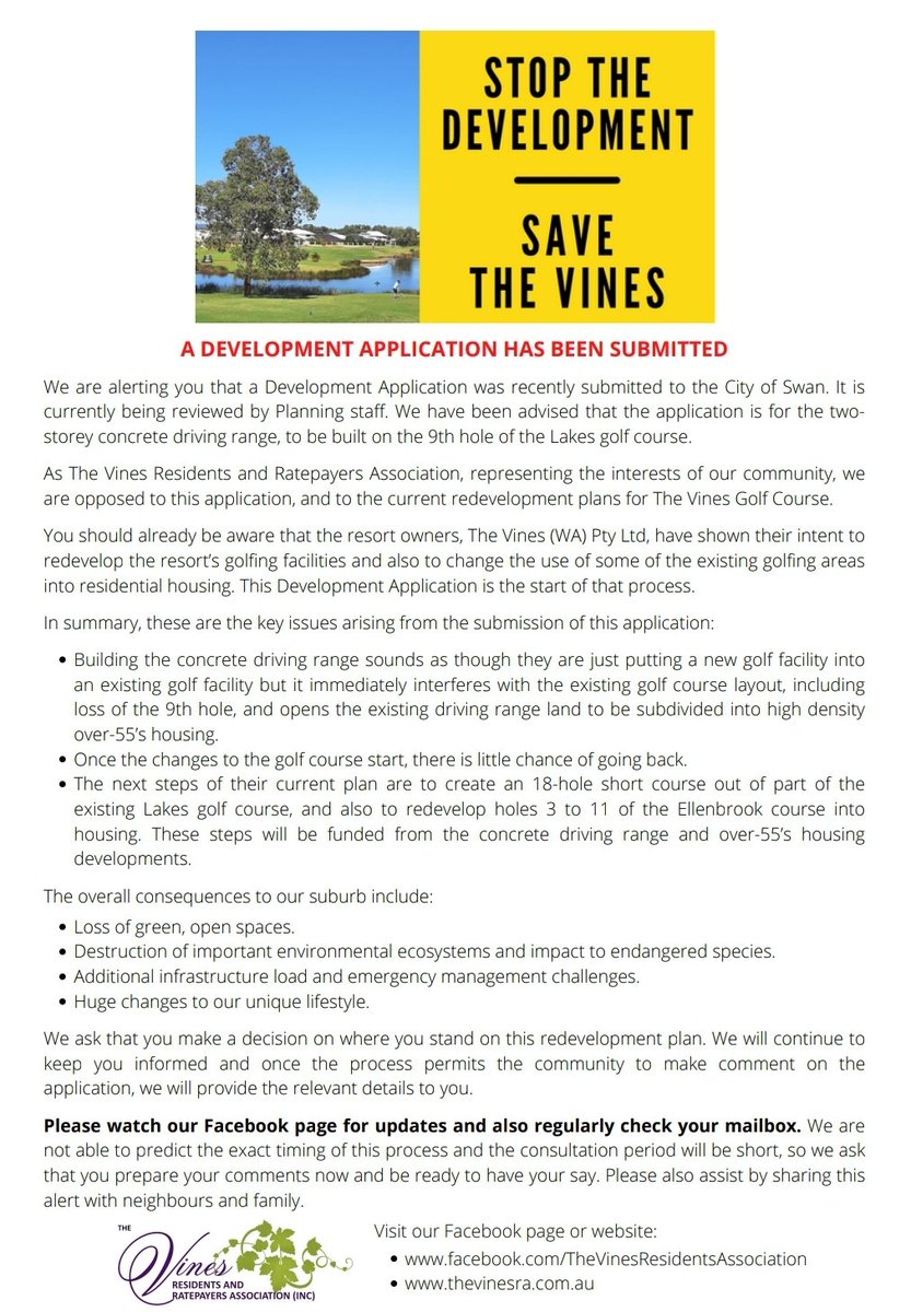 VinesRA's tweet photo. Residents of The Vines are being informed of a Development Application to replace one hole of The Vines Golf Course with a concrete driving range.

It is just the first step in the redevelopment plan 😥🌳⛳🦘

#savethevinesgolfcourse #savethevines #savethetrees 

@GolfWestAust https://t.co/oPdkjFxcPx