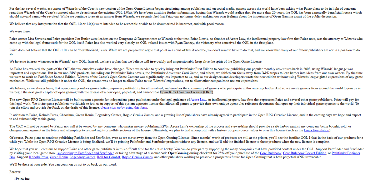 Reilith_'s tweet image. Big big news from #paizo in regards to their new initiative for a Open RPG Creative License(ORC) in the making with many other 3pps. The blog is crashing but I've managed a screenshot. paizo.me/3XtlZAs 
#OGL #orc #ttrpg #OpenDnD #DnDone #DnDBegone