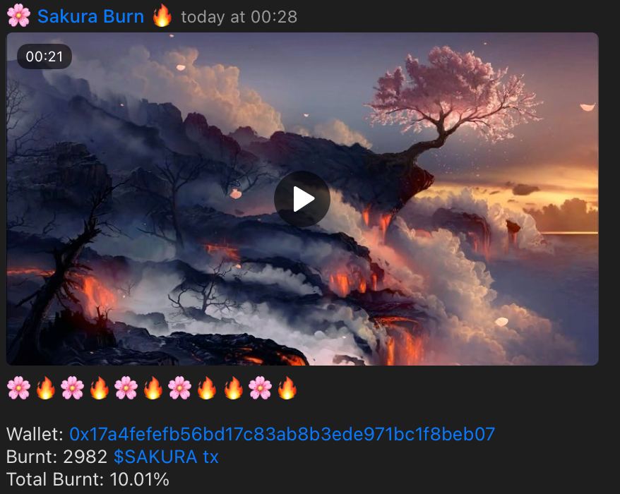 SakuraERC's tweet photo. Along with the most recent token burn, 10% of the $Sakura supply is now taken out of circulation forever. We will continue to burn tokens and next we will release more information on how the remainder of the supply will be handled in order to best benefit our community. https://t.co/hnLbiVjX0l