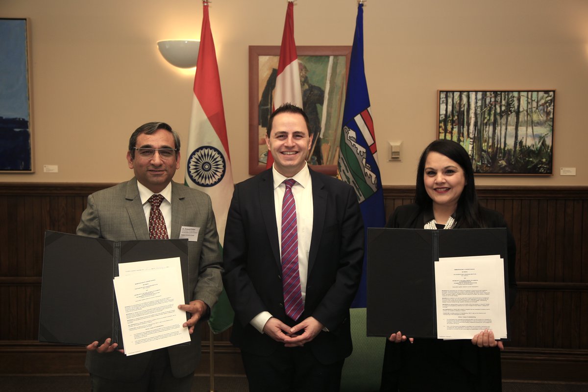 Today we signed an MOU with <a href="/OfficialSICI/">Shastri Indo-Canadian Institute</a> to strengthen post-secondary relationships between Alberta and India. This MOU will expand academic and research opportunities between Alberta and India.
More here: alberta.ca/release.cfm?xI…
#abpse #ableg
