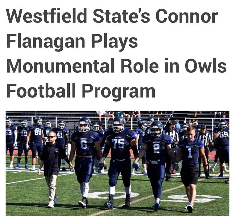 WSUOwlsFootball's tweet photo. Our hearts are broken at Westfield State University @CFlan1399 had an enormous impact on our team and will be missed dearly by all who had the privilege to work with him 🦉🏈🍀    Here’s a story on his contribution https://t.co/Z4WrKYNaw7 #flanagan #legend https://t.co/udnI4gygRS