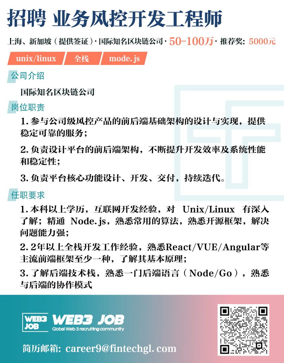 Web3job_1's tweet photo. 【Web3 Job】🔥
- Business risk control big data development engineer
 🚀 500,000 - 1，000,000 RMB
- Referral Award:  5000 

More jobs: 300+ Web3 jobs 🚀: https://t.co/WntX8vZCkB

#WEB3 #hiring #crypto #go #blockchian https://t.co/g9KgK0nqm2