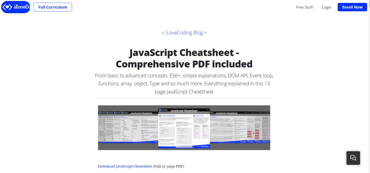 ilovecoding 🎯 From basic to advanced concepts. ES6+, simple explanations, DOM API, Event loop, functions, array, object, Type and so much more. 🔗 ilovecoding.org/blog/js-cheats…